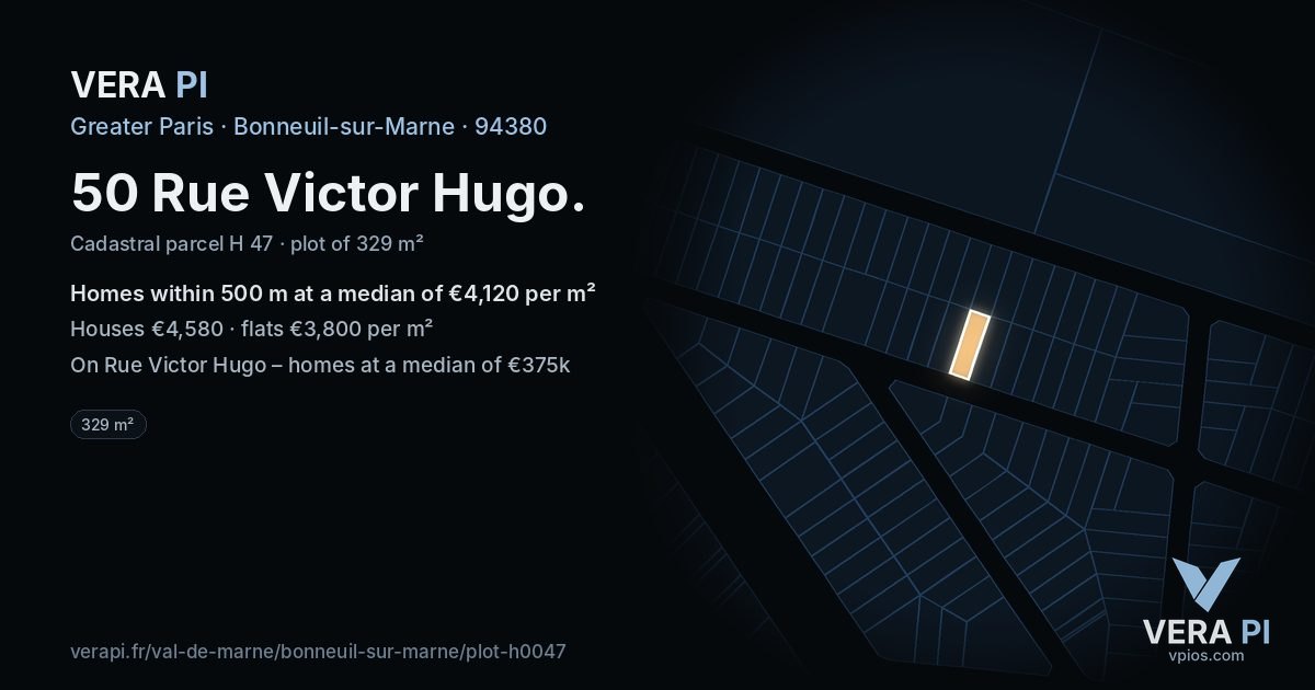 50 Rue Victor Hugo, Bonneuil-sur-Marne at night – the plot lit, the parcels around coloured by the prices near them