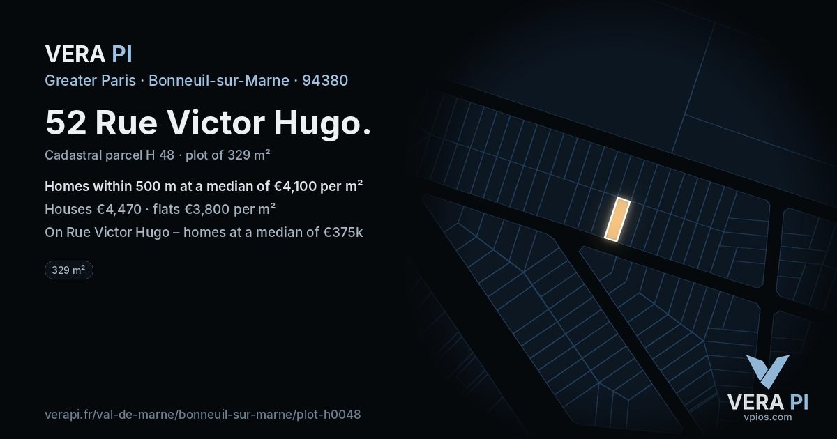 52 Rue Victor Hugo, Bonneuil-sur-Marne at night – the plot lit, the parcels around coloured by the prices near them