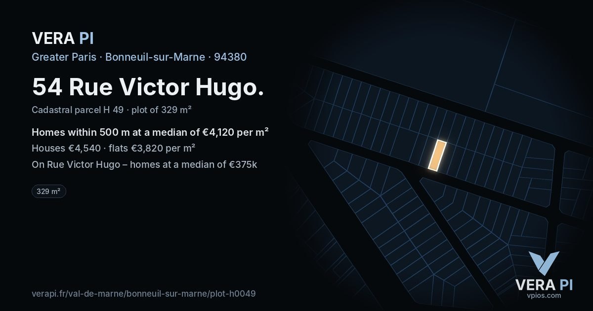 54 Rue Victor Hugo, Bonneuil-sur-Marne at night – the plot lit, the parcels around coloured by the prices near them