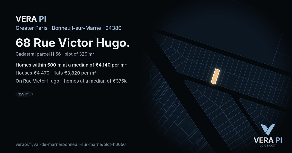 68 Rue Victor Hugo, Bonneuil-sur-Marne at night – the plot lit, the parcels around coloured by the prices near them