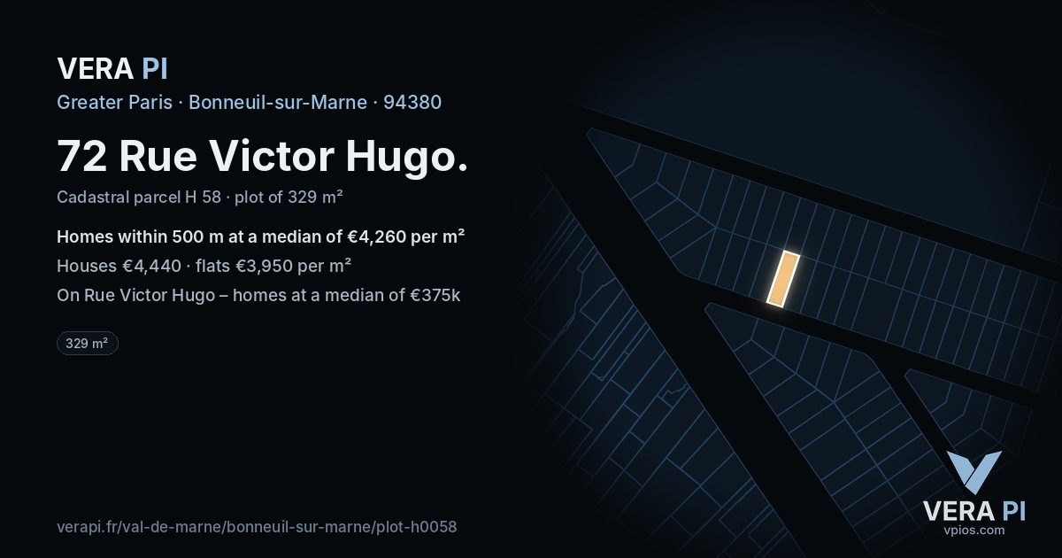 72 Rue Victor Hugo, Bonneuil-sur-Marne at night – the plot lit, the parcels around coloured by the prices near them