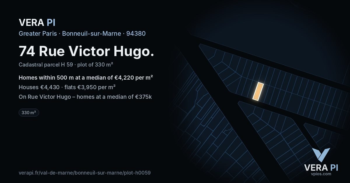 74 Rue Victor Hugo, Bonneuil-sur-Marne at night – the plot lit, the parcels around coloured by the prices near them