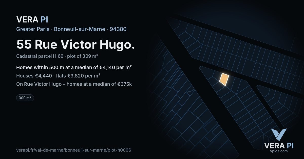 55 Rue Victor Hugo, Bonneuil-sur-Marne at night – the plot lit, the parcels around coloured by the prices near them