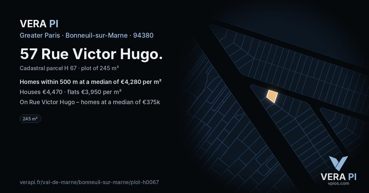 57 Rue Victor Hugo, Bonneuil-sur-Marne at night – the plot lit, the parcels around coloured by the prices near them