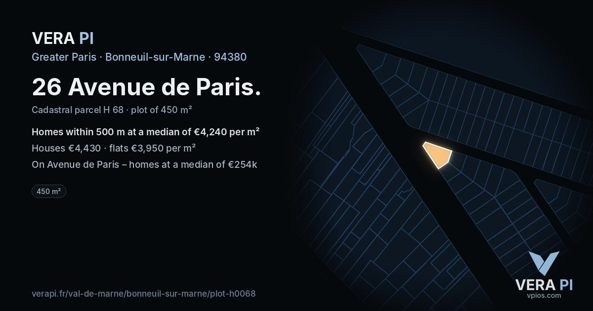 26 Avenue de Paris, Bonneuil-sur-Marne at night – the plot lit, the parcels around coloured by the prices near them