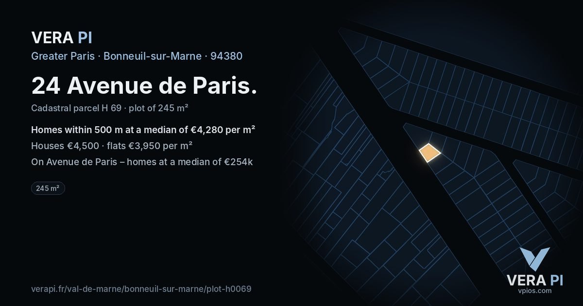 24 Avenue de Paris, Bonneuil-sur-Marne at night – the plot lit, the parcels around coloured by the prices near them