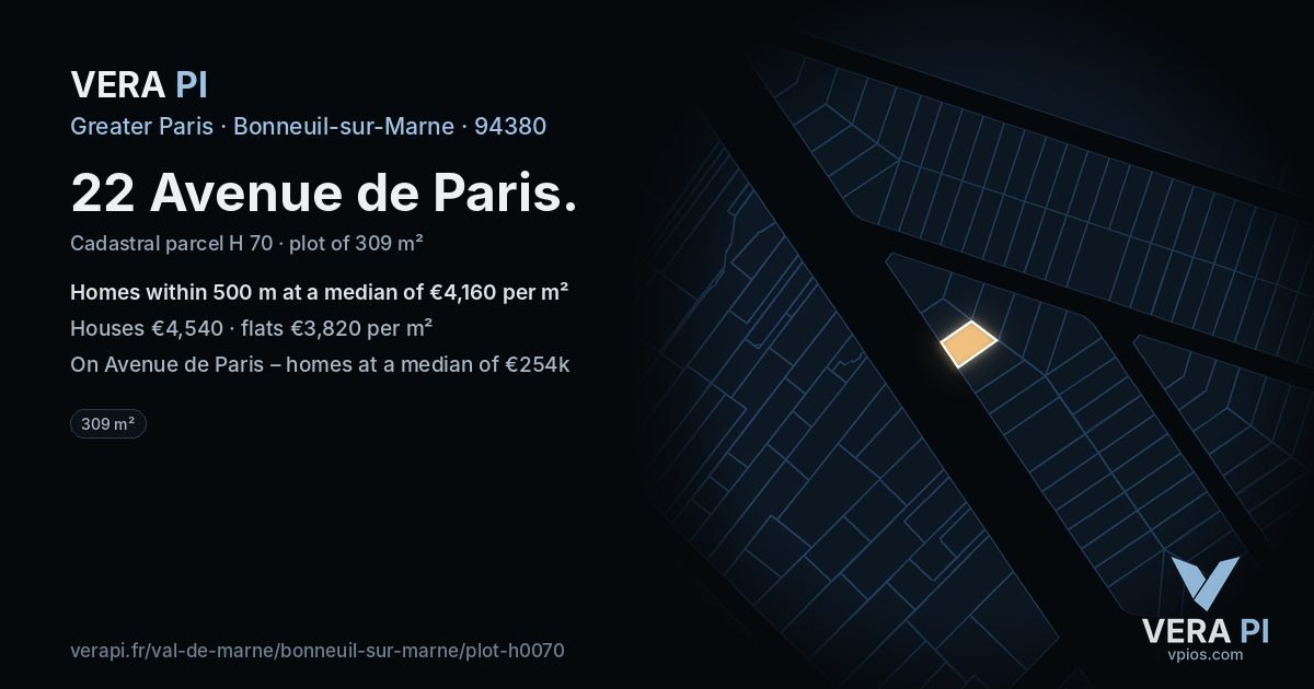 22 Avenue de Paris, Bonneuil-sur-Marne at night – the plot lit, the parcels around coloured by the prices near them
