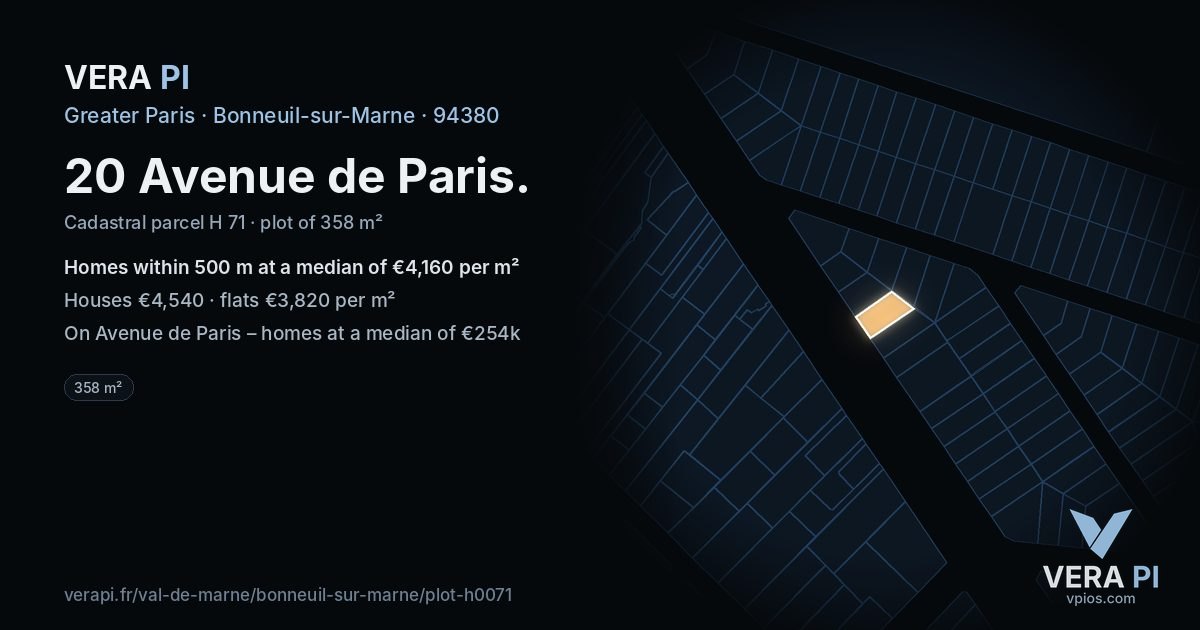 20 Avenue de Paris, Bonneuil-sur-Marne at night – the plot lit, the parcels around coloured by the prices near them