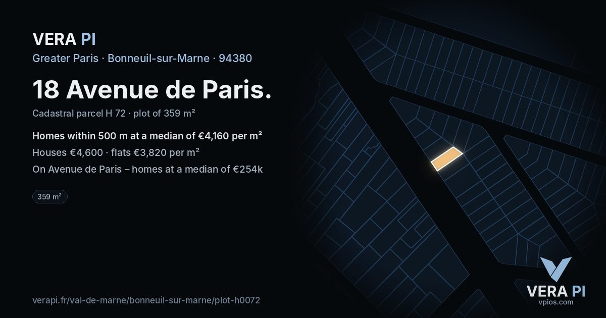 18 Avenue de Paris, Bonneuil-sur-Marne at night – the plot lit, the parcels around coloured by the prices near them