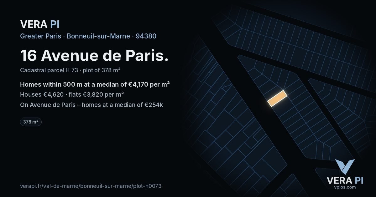 16 Avenue de Paris, Bonneuil-sur-Marne at night – the plot lit, the parcels around coloured by the prices near them