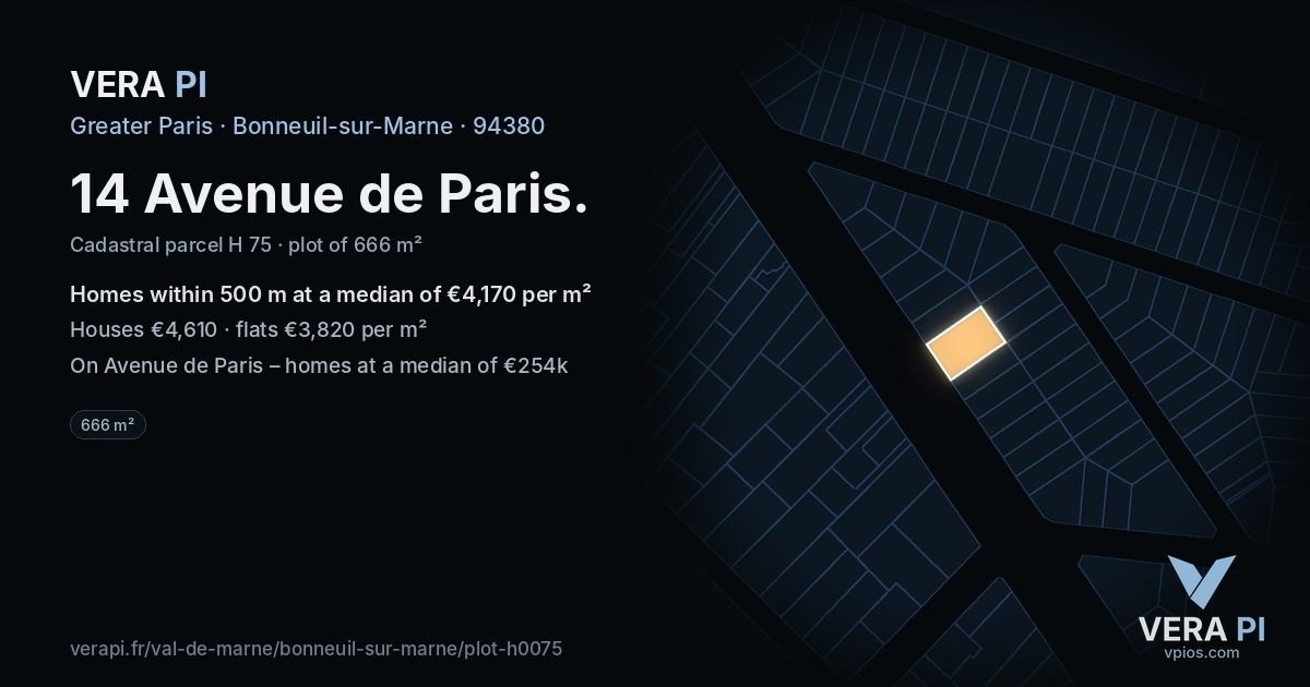 14 Avenue de Paris, Bonneuil-sur-Marne at night – the plot lit, the parcels around coloured by the prices near them