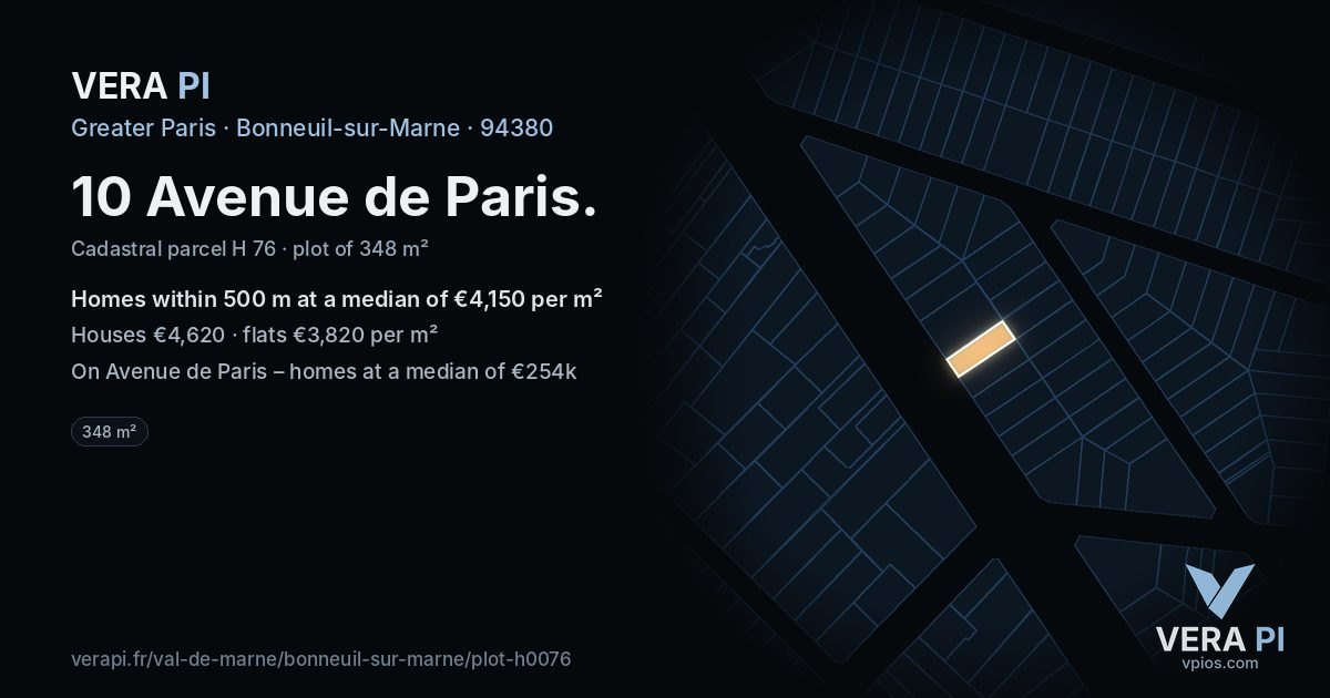 10 Avenue de Paris, Bonneuil-sur-Marne at night – the plot lit, the parcels around coloured by the prices near them