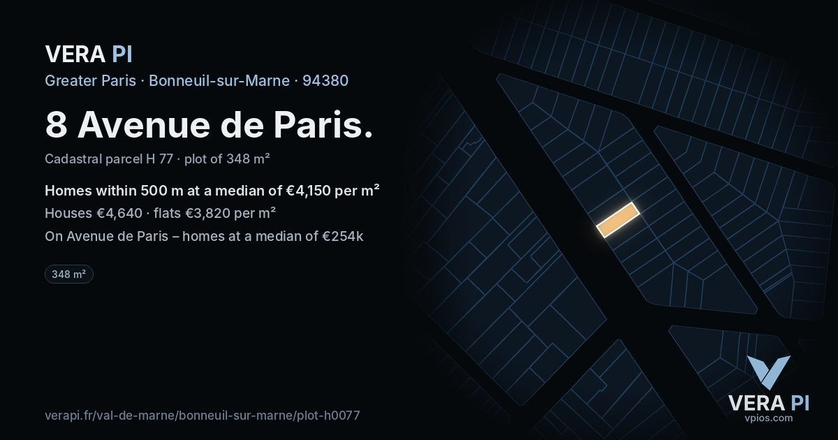 8 Avenue de Paris, Bonneuil-sur-Marne at night – the plot lit, the parcels around coloured by the prices near them