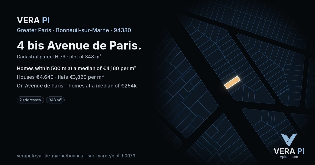 4 bis Avenue de Paris, Bonneuil-sur-Marne at night – the plot lit, the parcels around coloured by the prices near them