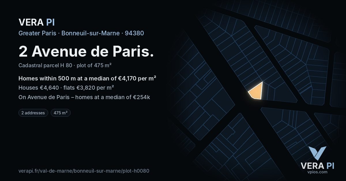 2 Avenue de Paris, Bonneuil-sur-Marne at night – the plot lit, the parcels around coloured by the prices near them