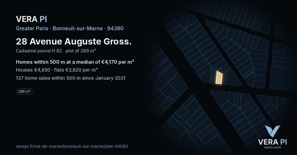 28 Avenue Auguste Gross, Bonneuil-sur-Marne at night – the plot lit, the parcels around coloured by the prices near them
