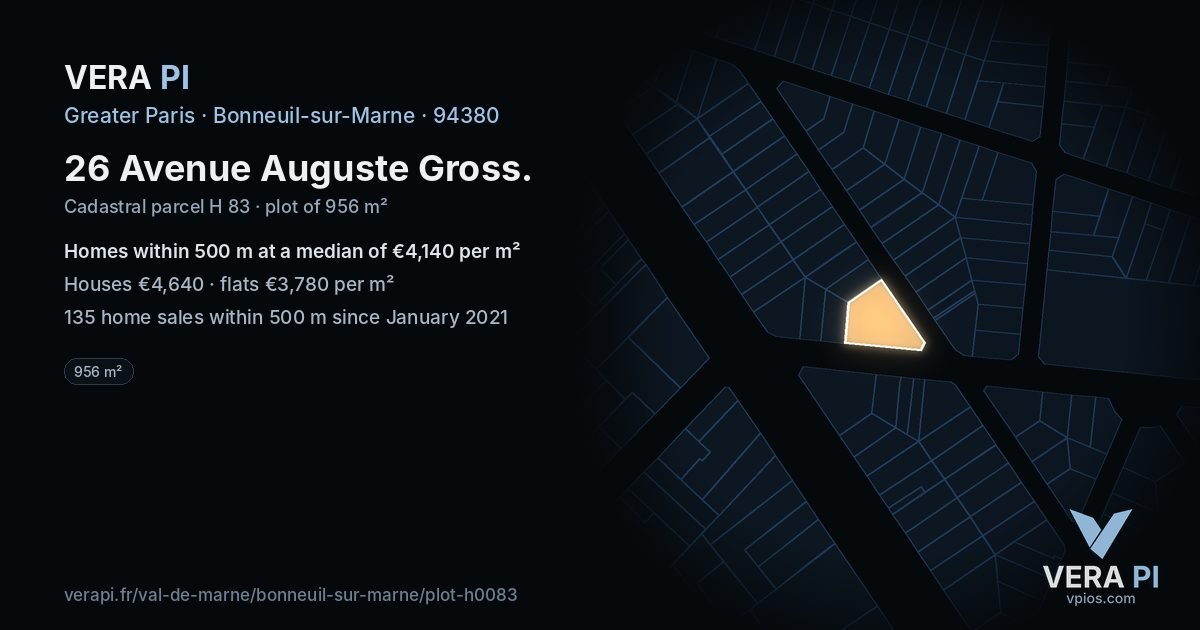 26 Avenue Auguste Gross, Bonneuil-sur-Marne at night – the plot lit, the parcels around coloured by the prices near them