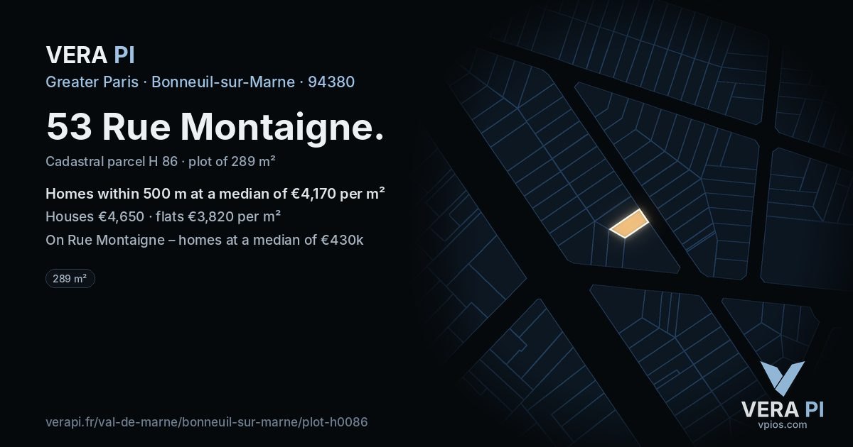 53 Rue Montaigne, Bonneuil-sur-Marne at night – the plot lit, the parcels around coloured by the prices near them