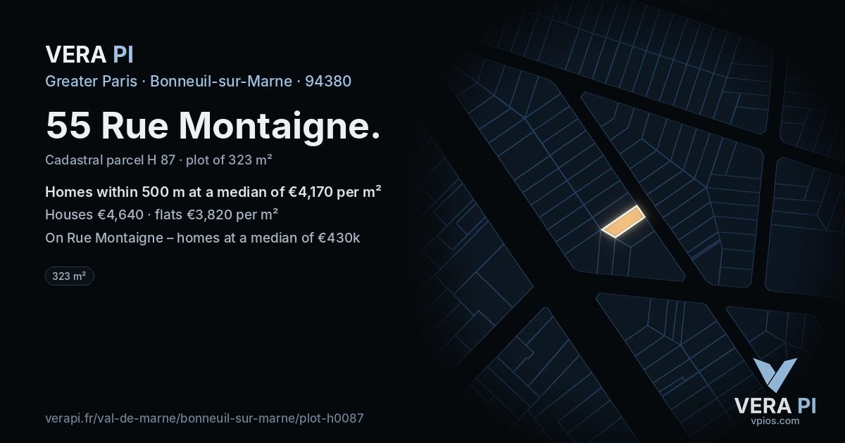55 Rue Montaigne, Bonneuil-sur-Marne at night – the plot lit, the parcels around coloured by the prices near them