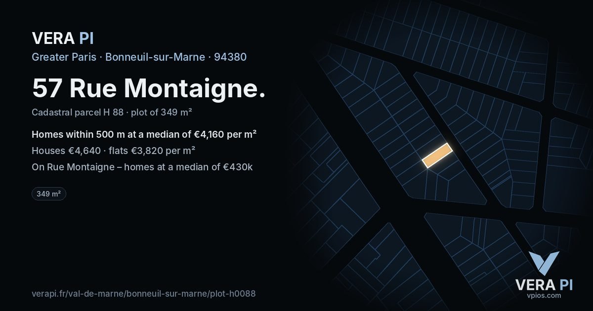 57 Rue Montaigne, Bonneuil-sur-Marne at night – the plot lit, the parcels around coloured by the prices near them