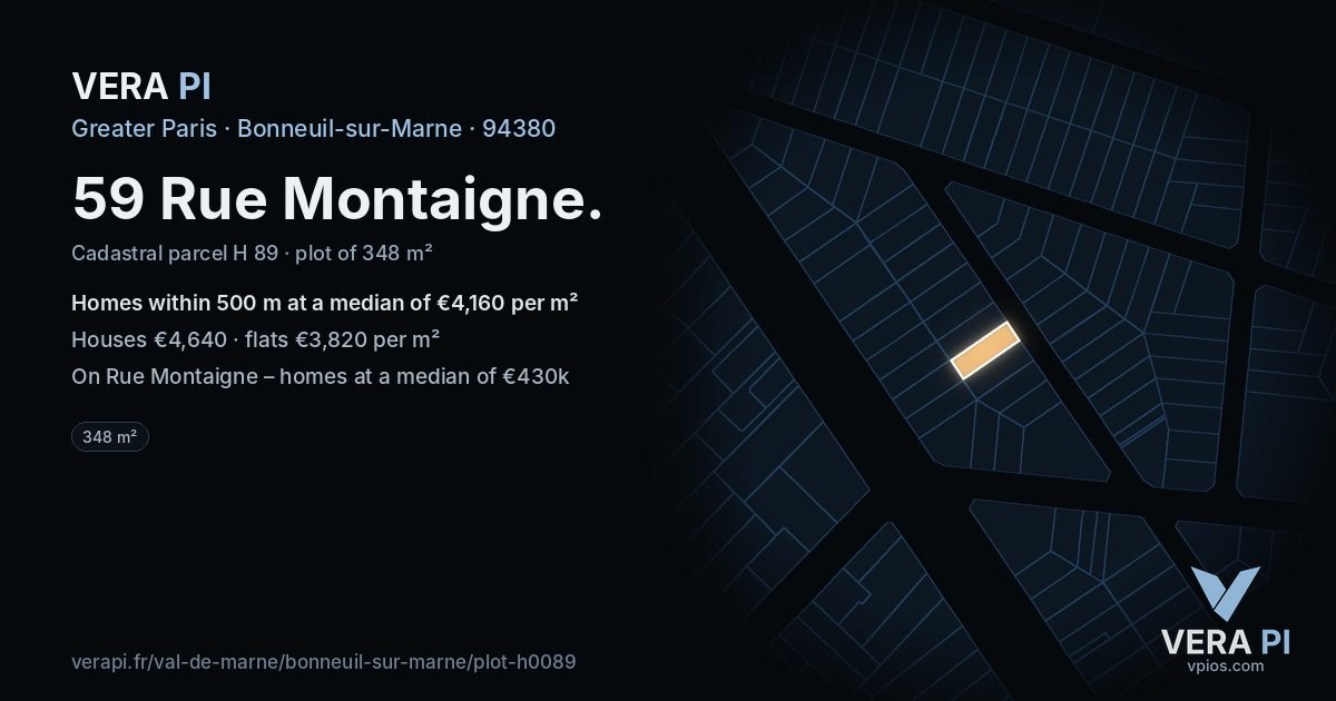 59 Rue Montaigne, Bonneuil-sur-Marne at night – the plot lit, the parcels around coloured by the prices near them
