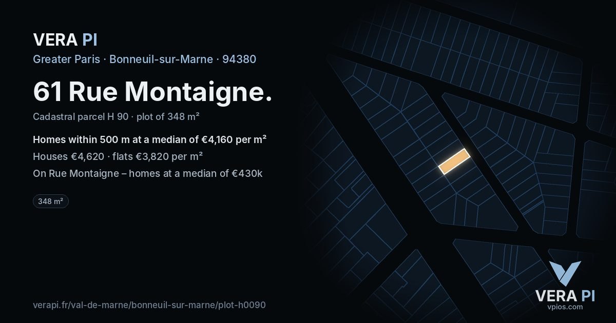 61 Rue Montaigne, Bonneuil-sur-Marne at night – the plot lit, the parcels around coloured by the prices near them