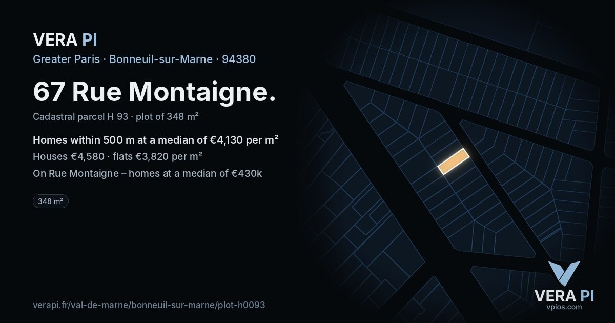 67 Rue Montaigne, Bonneuil-sur-Marne at night – the plot lit, the parcels around coloured by the prices near them