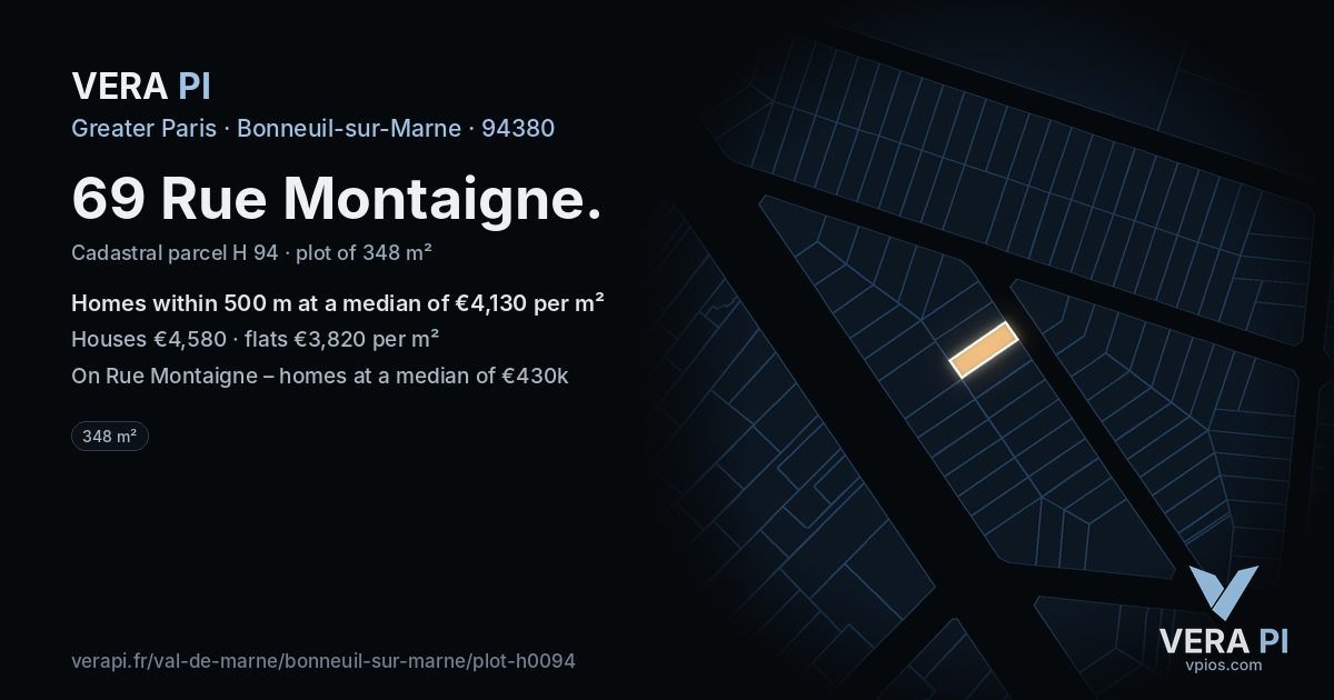 69 Rue Montaigne, Bonneuil-sur-Marne at night – the plot lit, the parcels around coloured by the prices near them