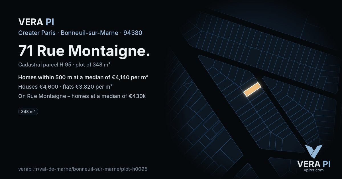 71 Rue Montaigne, Bonneuil-sur-Marne at night – the plot lit, the parcels around coloured by the prices near them
