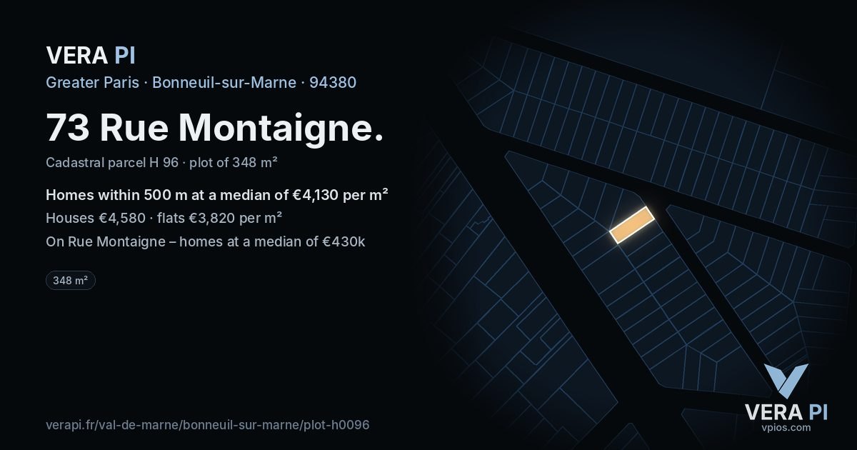 73 Rue Montaigne, Bonneuil-sur-Marne at night – the plot lit, the parcels around coloured by the prices near them
