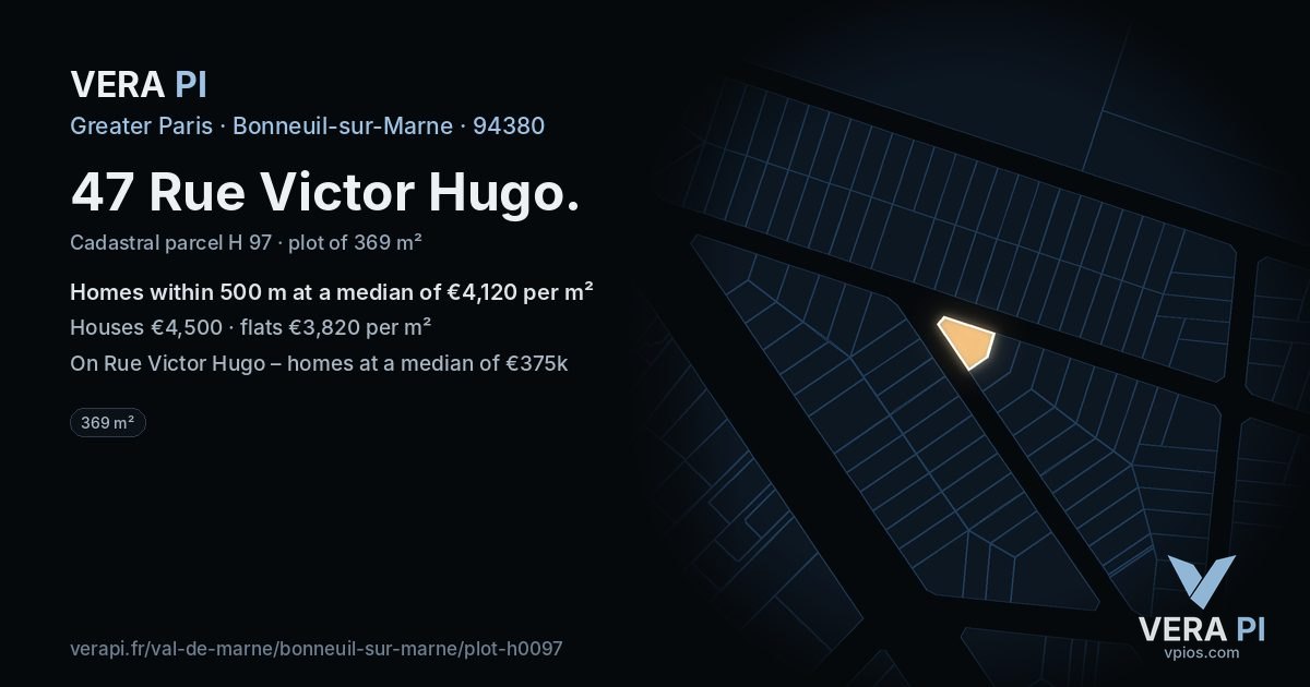 47 Rue Victor Hugo, Bonneuil-sur-Marne at night – the plot lit, the parcels around coloured by the prices near them