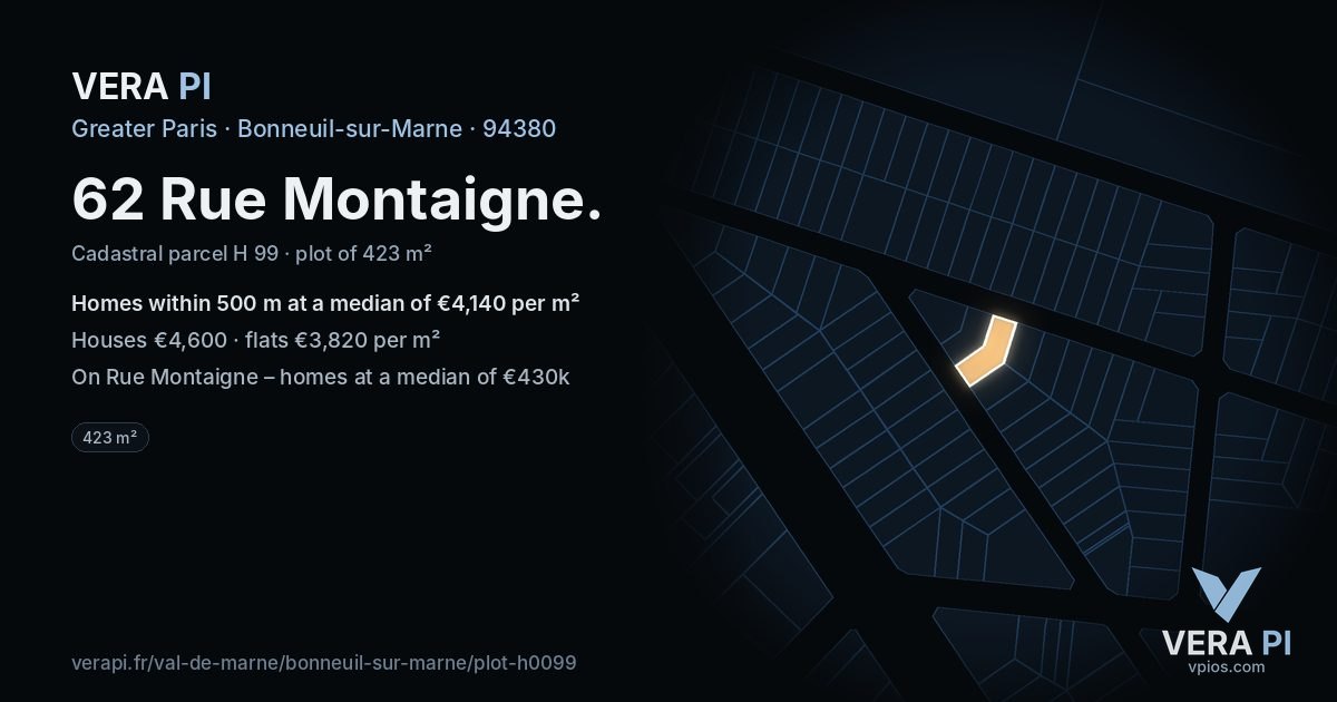 62 Rue Montaigne, Bonneuil-sur-Marne at night – the plot lit, the parcels around coloured by the prices near them