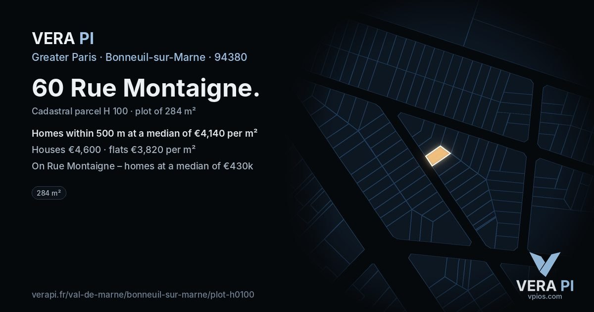 60 Rue Montaigne, Bonneuil-sur-Marne at night – the plot lit, the parcels around coloured by the prices near them