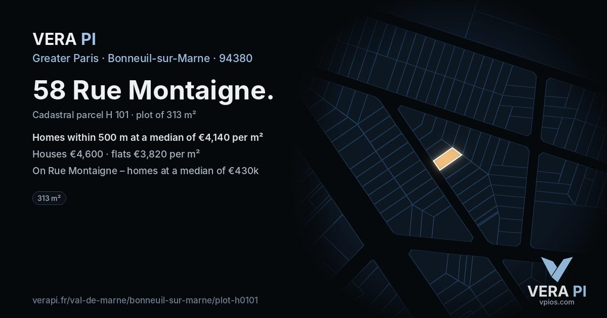 58 Rue Montaigne, Bonneuil-sur-Marne at night – the plot lit, the parcels around coloured by the prices near them