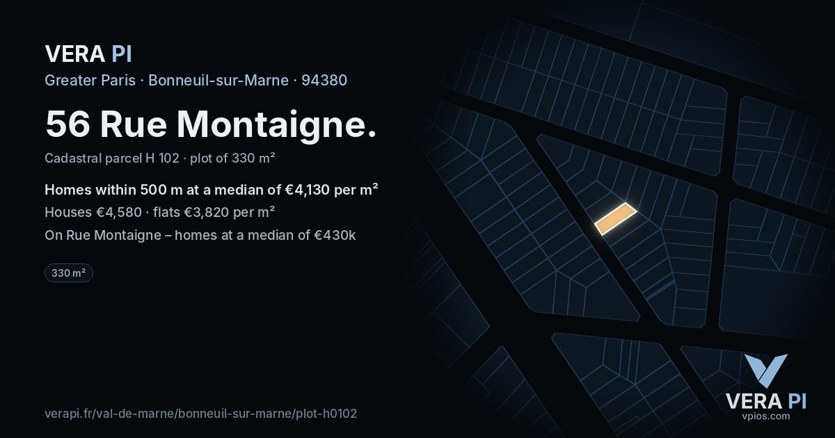 56 Rue Montaigne, Bonneuil-sur-Marne at night – the plot lit, the parcels around coloured by the prices near them