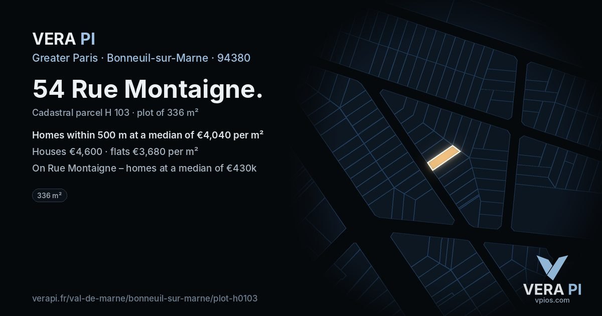 54 Rue Montaigne, Bonneuil-sur-Marne at night – the plot lit, the parcels around coloured by the prices near them