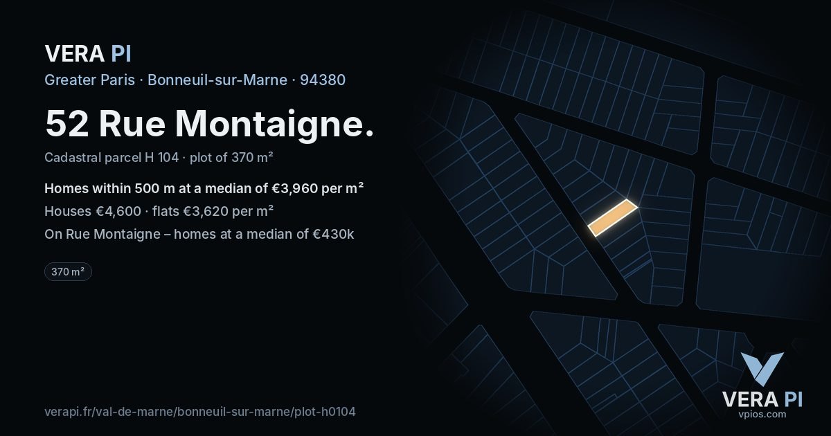 52 Rue Montaigne, Bonneuil-sur-Marne at night – the plot lit, the parcels around coloured by the prices near them