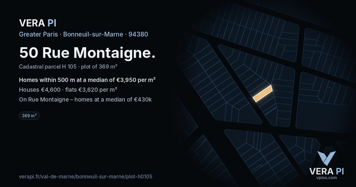 50 Rue Montaigne, Bonneuil-sur-Marne at night – the plot lit, the parcels around coloured by the prices near them