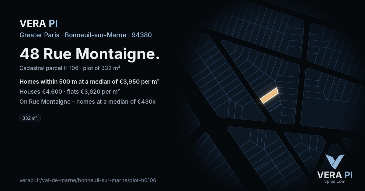 48 Rue Montaigne, Bonneuil-sur-Marne at night – the plot lit, the parcels around coloured by the prices near them