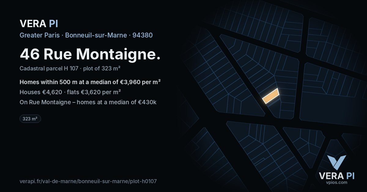 46 Rue Montaigne, Bonneuil-sur-Marne at night – the plot lit, the parcels around coloured by the prices near them