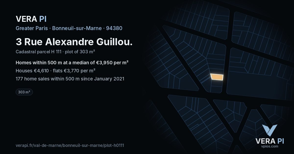 3 Rue Alexandre Guillou, Bonneuil-sur-Marne at night – the plot lit, the parcels around coloured by the prices near them