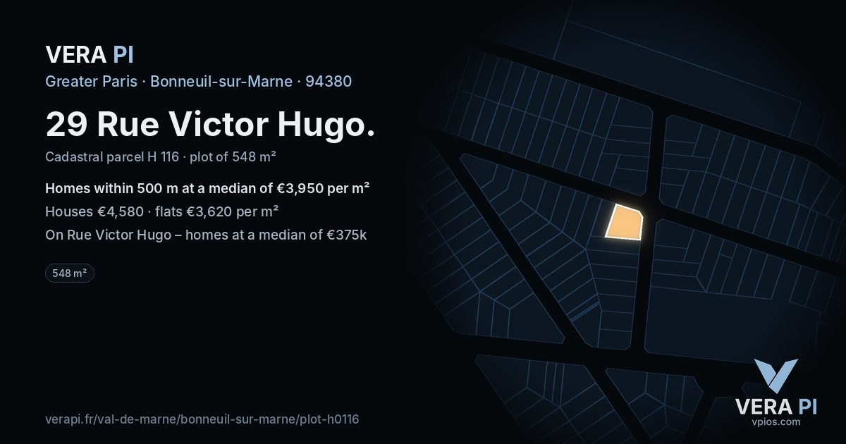 29 Rue Victor Hugo, Bonneuil-sur-Marne at night – the plot lit, the parcels around coloured by the prices near them