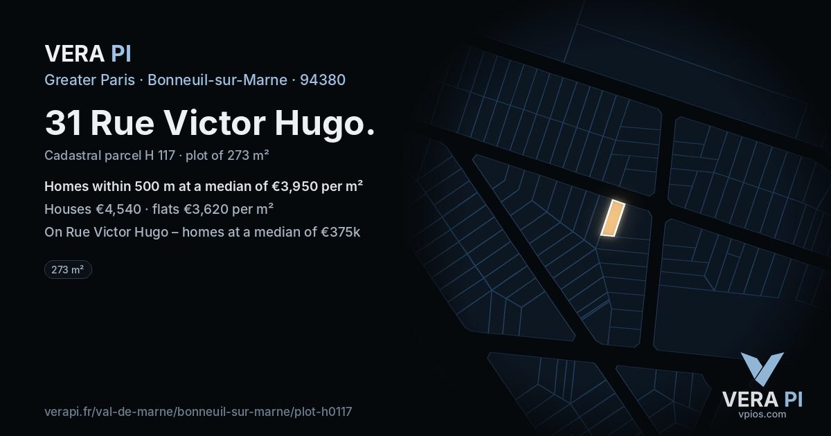31 Rue Victor Hugo, Bonneuil-sur-Marne at night – the plot lit, the parcels around coloured by the prices near them