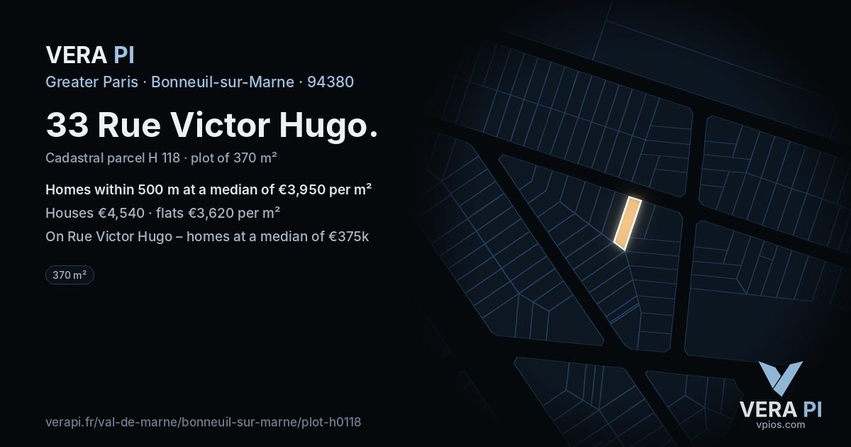33 Rue Victor Hugo, Bonneuil-sur-Marne at night – the plot lit, the parcels around coloured by the prices near them