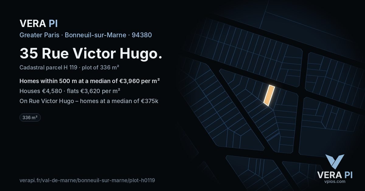 35 Rue Victor Hugo, Bonneuil-sur-Marne at night – the plot lit, the parcels around coloured by the prices near them