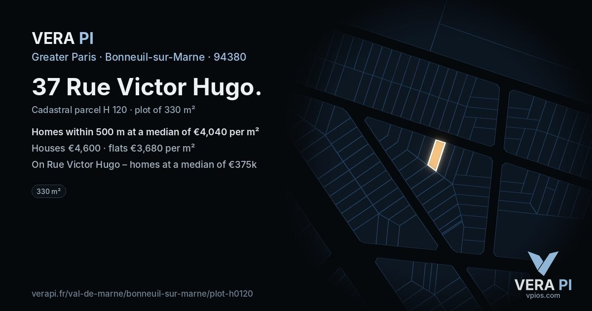 37 Rue Victor Hugo, Bonneuil-sur-Marne at night – the plot lit, the parcels around coloured by the prices near them