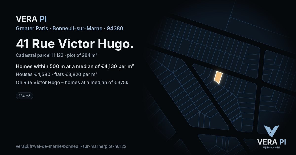 41 Rue Victor Hugo, Bonneuil-sur-Marne at night – the plot lit, the parcels around coloured by the prices near them