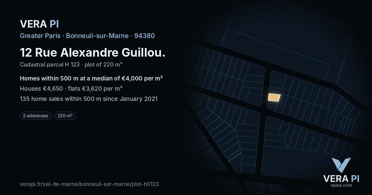 12 Rue Alexandre Guillou, Bonneuil-sur-Marne at night – the plot lit, the parcels around coloured by the prices near them