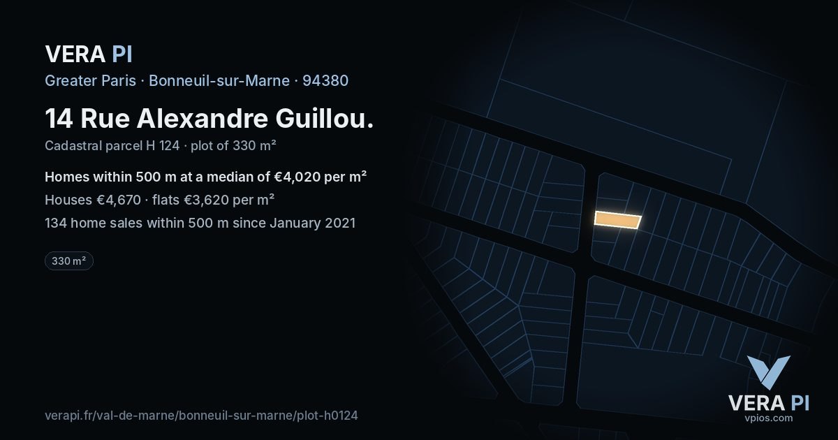 14 Rue Alexandre Guillou, Bonneuil-sur-Marne at night – the plot lit, the parcels around coloured by the prices near them