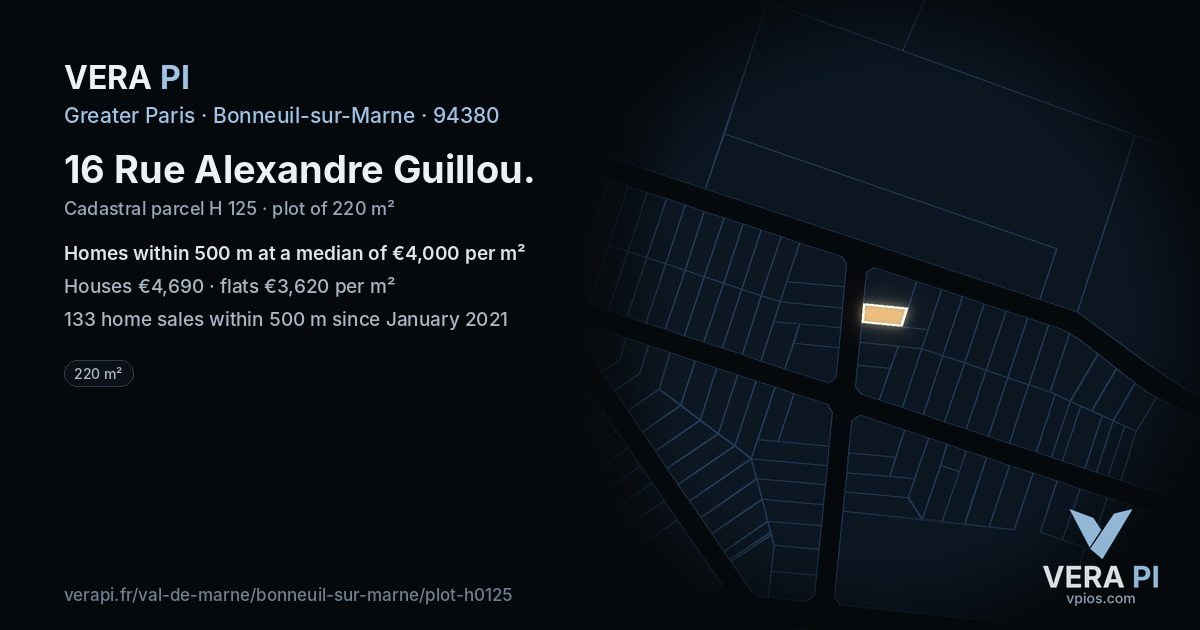 16 Rue Alexandre Guillou, Bonneuil-sur-Marne at night – the plot lit, the parcels around coloured by the prices near them
